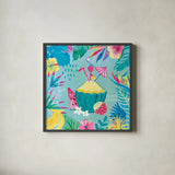 Fruity Flamingos VI by Farida Zaman. Shown in a sleek black glass frame for a contemporary gallery look. Available as an archival giclee rolled canvas, fine art paper, or poster print. SKU 74751a.
