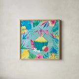 Fruity Flamingos VI by Farida Zaman. Shown in a natural wood glass frame for a timeless modern aesthetic. Available as an archival giclee rolled canvas, fine art paper, or poster print. SKU 74751a.