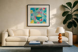 Fruity Flamingos VI by Farida Zaman. Displayed in a glass frame with matte in a clean modern living room. Available as an archival giclee rolled canvas, fine art paper, or poster print. SKU 74751a.