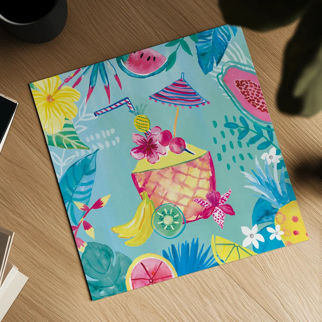 Fruity Flamingos VII by Farida Zaman. Shown as a detailed flat fine art print, highlighting archival giclee quality. Available as an archival giclee rolled canvas, fine art paper, or poster print. SKU 74752a.