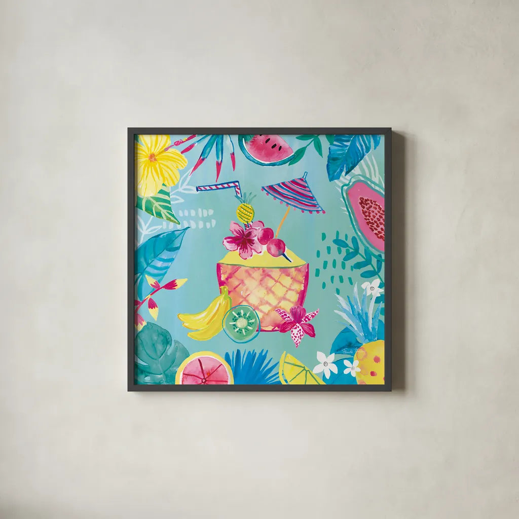 Fruity Flamingos VII by Farida Zaman. Shown in a sleek black glass frame for a contemporary gallery look. Available as an archival giclee rolled canvas, fine art paper, or poster print. SKU 74752a.
