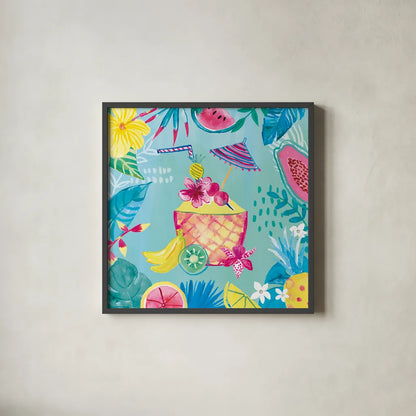 Fruity Flamingos VII by Farida Zaman. Shown in a sleek black glass frame for a contemporary gallery look. Available as an archival giclee rolled canvas, fine art paper, or poster print. SKU 74752a.