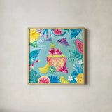Fruity Flamingos VII by Farida Zaman. Shown in a natural wood glass frame for a timeless modern aesthetic. Available as an archival giclee rolled canvas, fine art paper, or poster print. SKU 74752a.