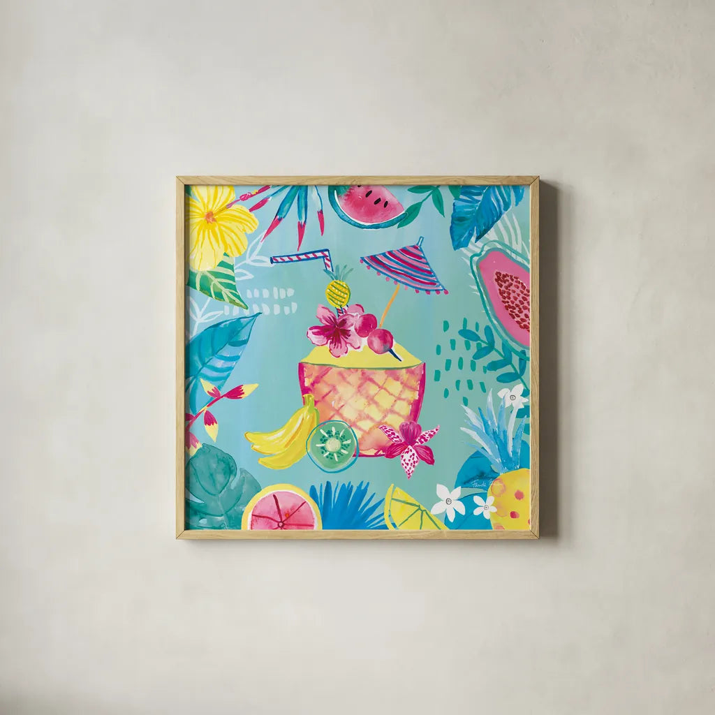 Fruity Flamingos VII by Farida Zaman. Shown in a natural wood glass frame for a timeless modern aesthetic. Available as an archival giclee rolled canvas, fine art paper, or poster print. SKU 74752a.