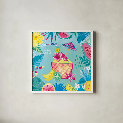 Fruity Flamingos VII by Farida Zaman. Shown in a crisp white glass frame for a clean and minimalist style. Available as an archival giclee rolled canvas, fine art paper, or poster print. SKU 74752a.