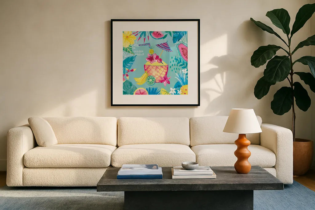Fruity Flamingos VII by Farida Zaman. Displayed in a glass frame with matte in a clean modern living room. Available as an archival giclee rolled canvas, fine art paper, or poster print. SKU 74752a.