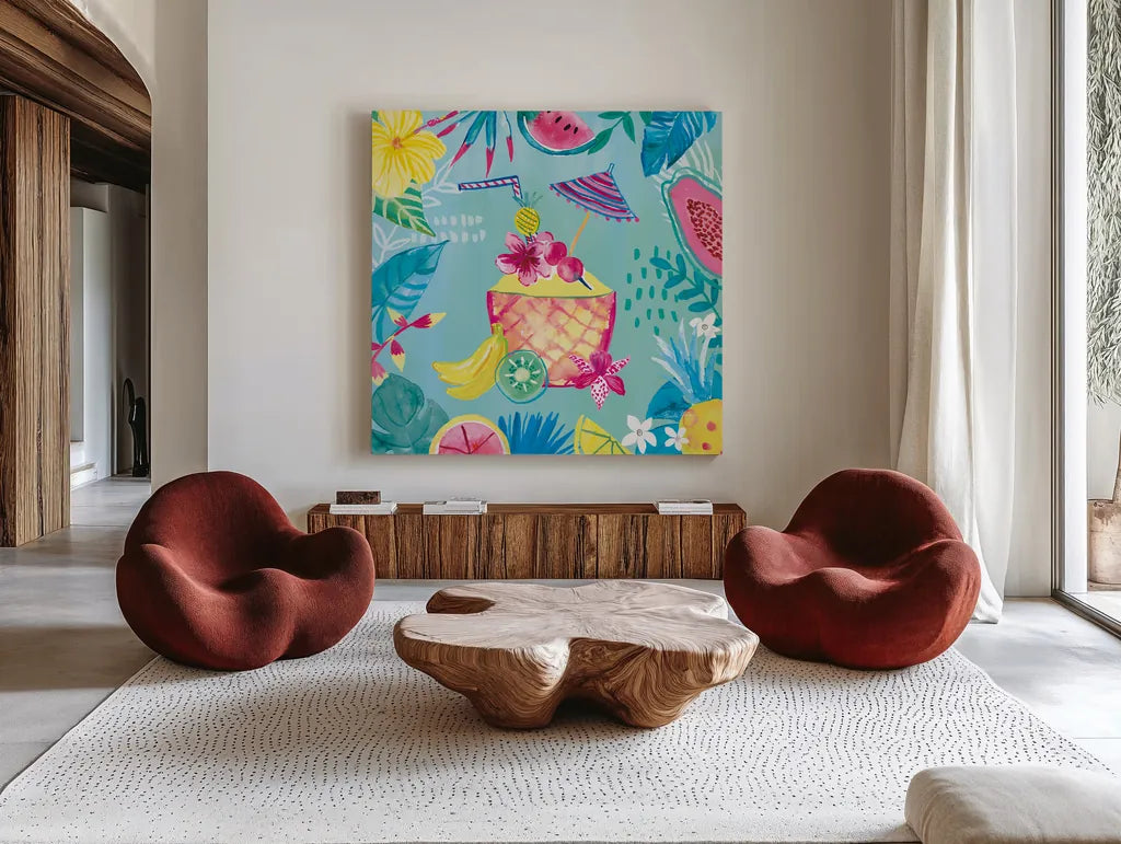 Fruity Flamingos VII by Farida Zaman. Shown as extra-large giant wall art in a modern living room. Available as an archival giclee rolled canvas, fine art paper, or poster print. SKU 74752a.