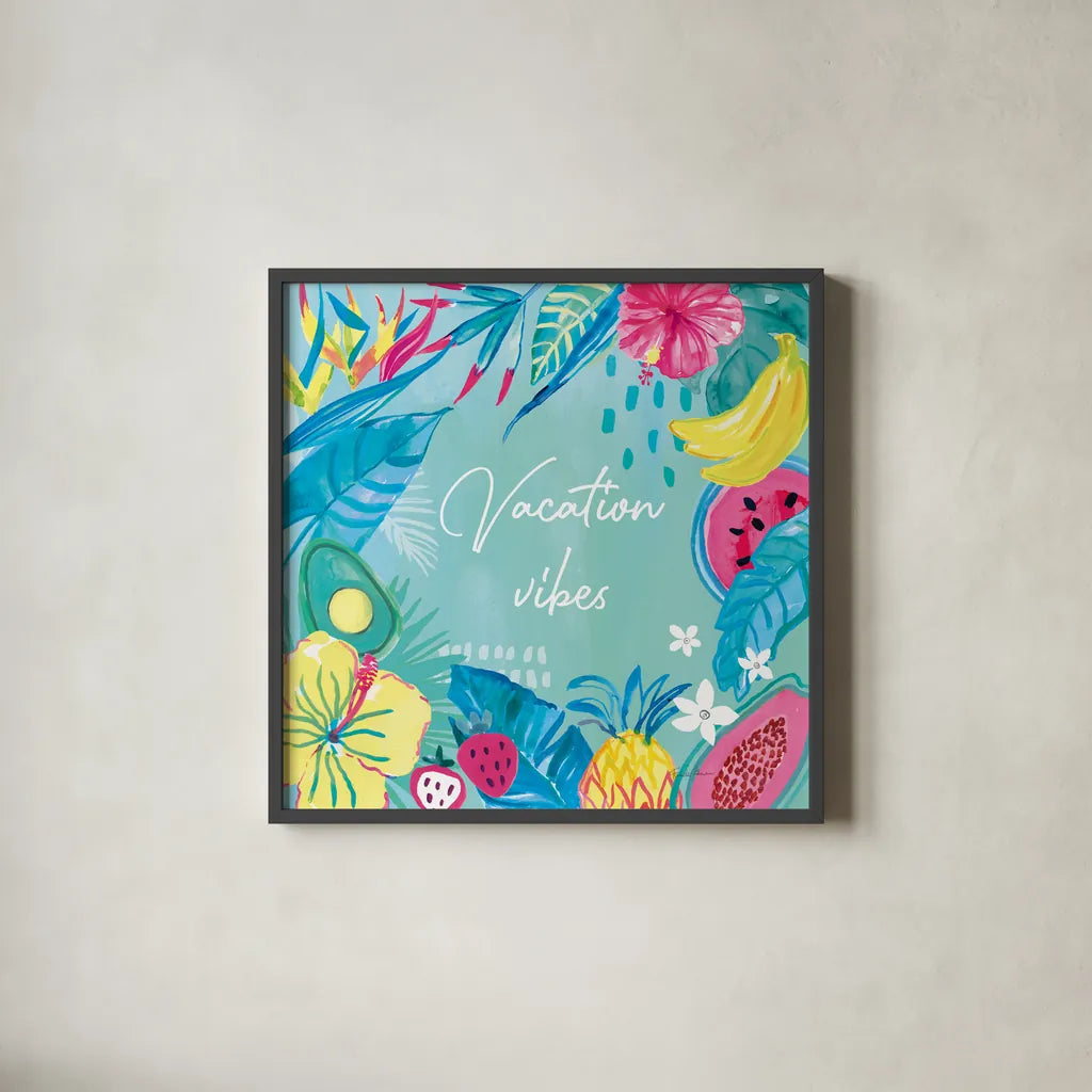 Fruity Flamingos VIII by Farida Zaman. Shown in a sleek black glass frame for a contemporary gallery look. Available as an archival giclee rolled canvas, fine art paper, or poster print. SKU 74753a.