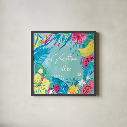 Fruity Flamingos VIII by Farida Zaman. Shown in a sleek black glass frame for a contemporary gallery look. Available as an archival giclee rolled canvas, fine art paper, or poster print. SKU 74753a.