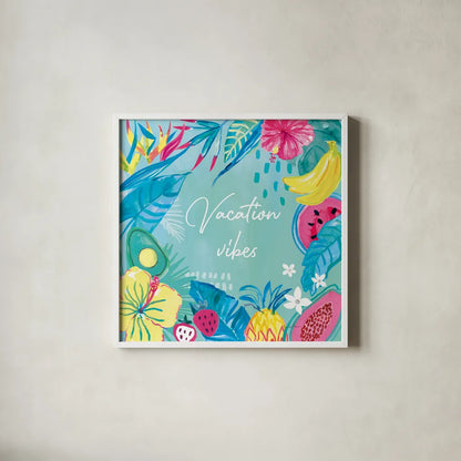 Fruity Flamingos VIII by Farida Zaman. Shown in a crisp white glass frame for a clean and minimalist style. Available as an archival giclee rolled canvas, fine art paper, or poster print. SKU 74753a.