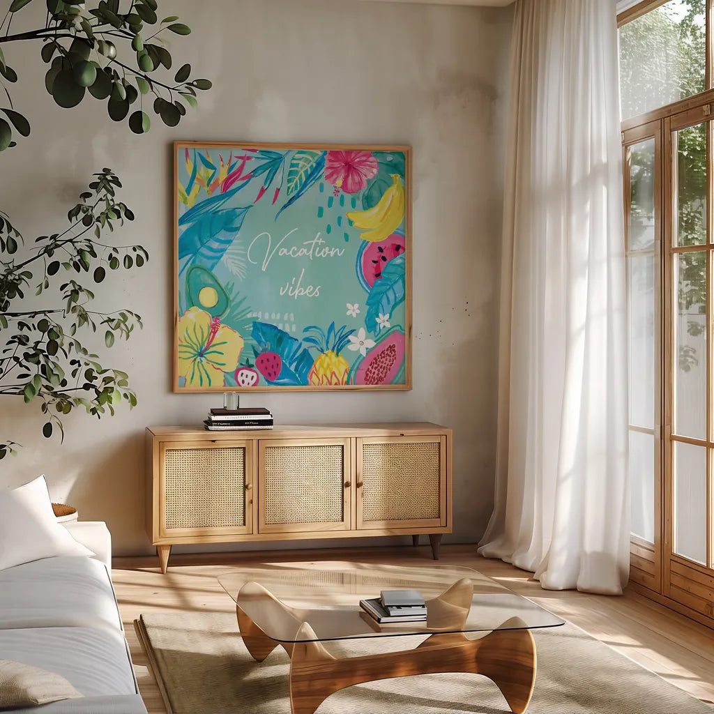Fruity Flamingos VIII by Farida Zaman. Shown in a natural wood frame in a cozy modern living room. Available as an archival giclee rolled canvas, fine art paper, or poster print. SKU 74753a.