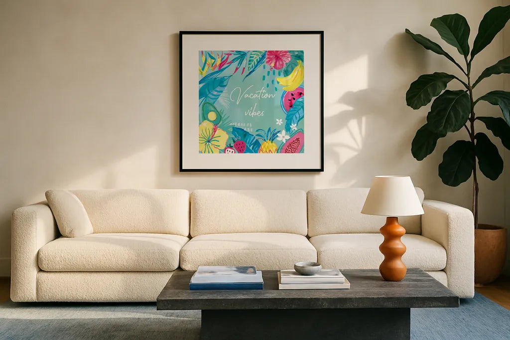 Fruity Flamingos VIII by Farida Zaman. Displayed in a glass frame with matte in a clean modern living room. Available as an archival giclee rolled canvas, fine art paper, or poster print. SKU 74753a.