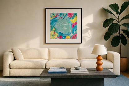 Fruity Flamingos VIII by Farida Zaman. Displayed in a glass frame with matte in a clean modern living room. Available as an archival giclee rolled canvas, fine art paper, or poster print. SKU 74753a.