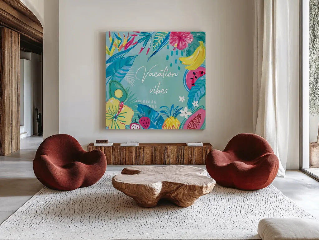 Fruity Flamingos VIII by Farida Zaman. Shown as extra-large giant wall art in a modern living room. Available as an archival giclee rolled canvas, fine art paper, or poster print. SKU 74753a.