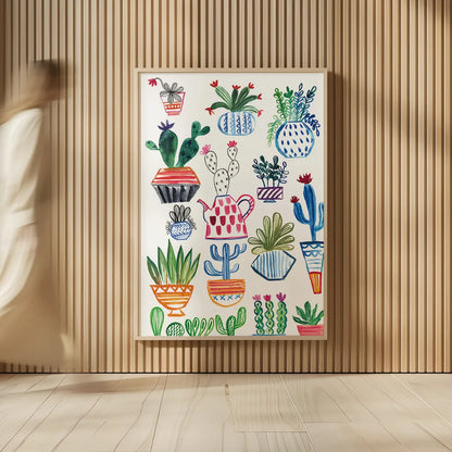 Funky Cacti I by Farida Zaman. shown as over sized large wall art. Available as an archival giclee rolled canvas, fine art paper, or poster print. SKU 37123h.