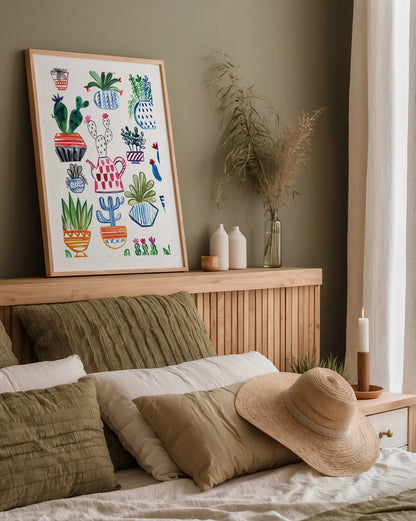 Funky Cacti I by Farida Zaman. shown as a paper print in a natural frame. Available as a archival giclee rolled canvas, fine art paper, or poster print. SKU 37123h.