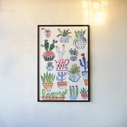 Funky Cacti I by Farida Zaman. shown as a paper print in a black flame. Available as a archival giclee rolled canvas, fine art paper, or poster print. SKU 37123h.