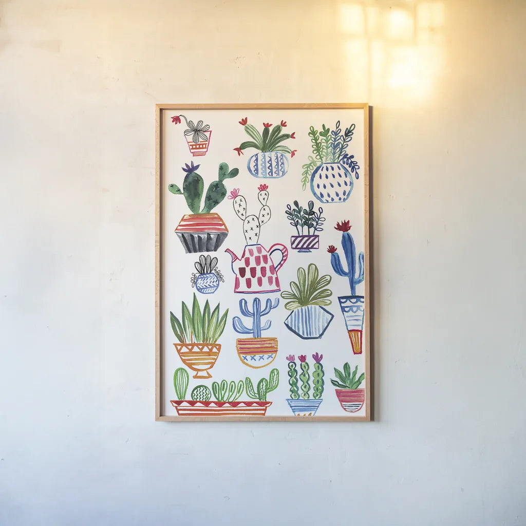 Funky Cacti I by Farida Zaman. shown as a paper print in a natural frame. Available as a archival giclee rolled canvas, fine art paper, or poster print. SKU 37123h.