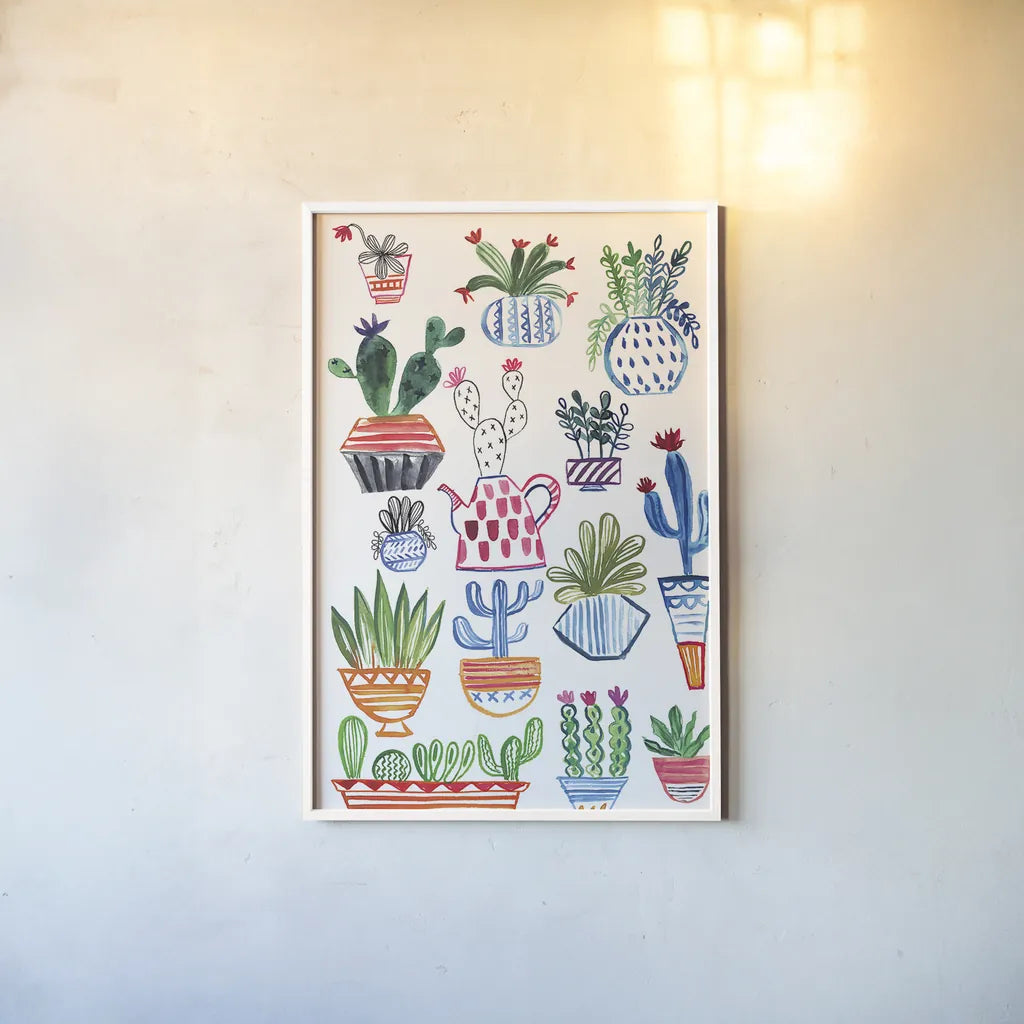 Funky Cacti I by Farida Zaman. shown as a paper print in a white frame. Available as a archival giclee rolled canvas, fine art paper, or poster print. SKU 37123h.