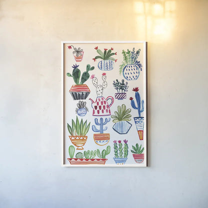 Funky Cacti I by Farida Zaman. shown as a paper print in a white frame. Available as a archival giclee rolled canvas, fine art paper, or poster print. SKU 37123h.