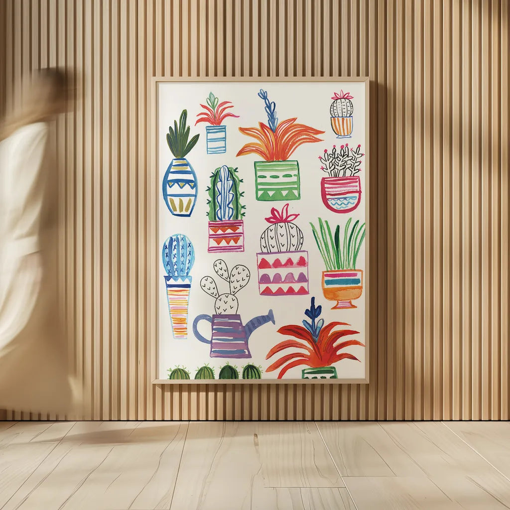 Funky Cacti II by Farida Zaman. shown as over sized large wall art. Available as an archival giclee rolled canvas, fine art paper, or poster print. SKU 37124h.
