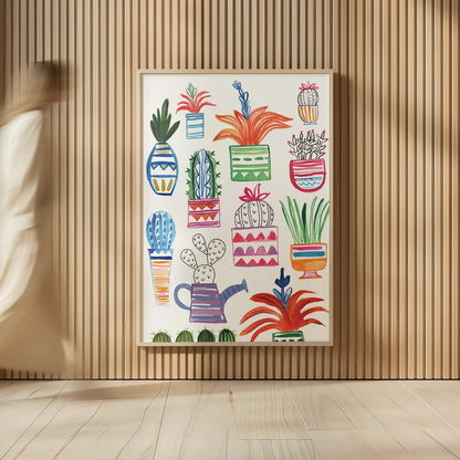 Funky Cacti II by Farida Zaman. shown as over sized large wall art. Available as an archival giclee rolled canvas, fine art paper, or poster print. SKU 37124h.
