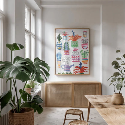 Funky Cacti II by Farida Zaman. shown as a print in a natural wood frame in a dining room. Available as a archival giclee rolled canvas, fine art paper, or poster print. SKU 37124h.