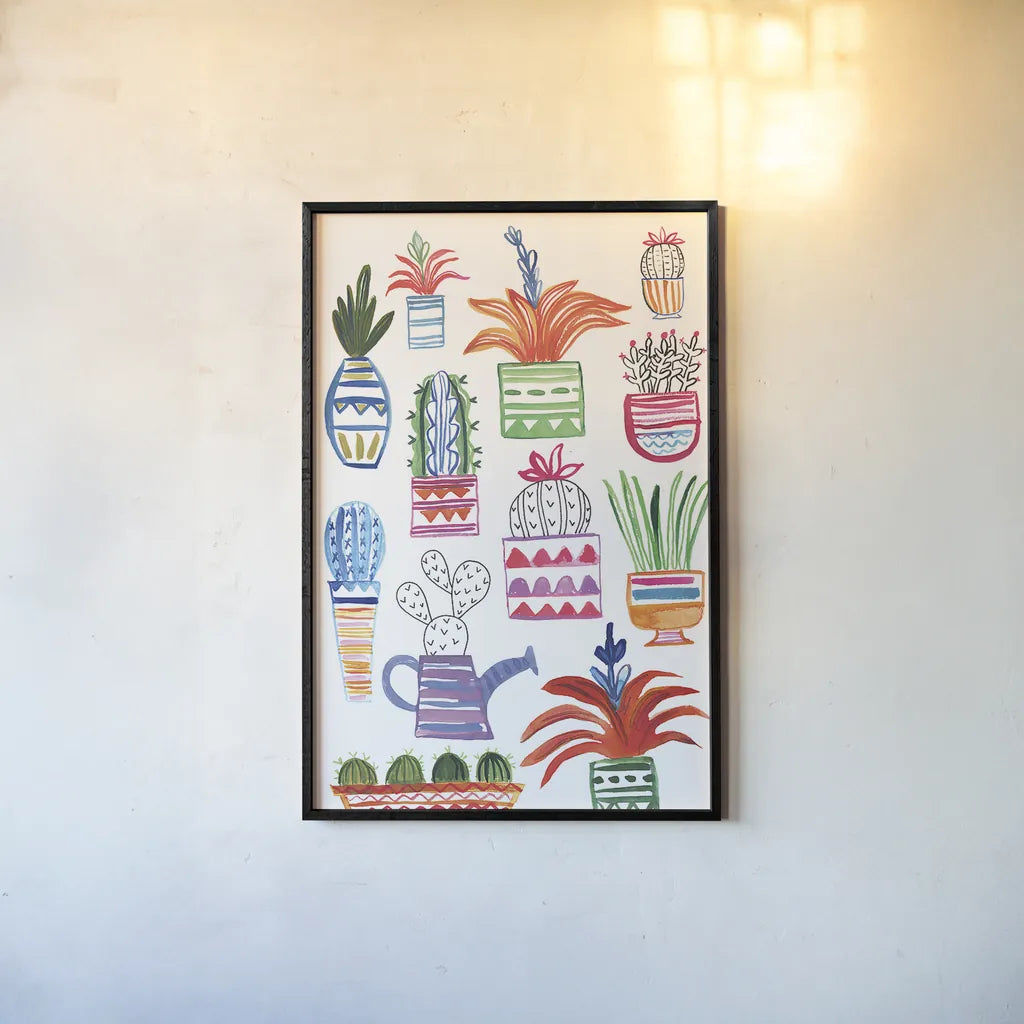 Funky Cacti II by Farida Zaman. shown as a paper print in a black flame. Available as a archival giclee rolled canvas, fine art paper, or poster print. SKU 37124h.