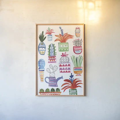 Funky Cacti II by Farida Zaman. shown as a paper print in a natural frame. Available as a archival giclee rolled canvas, fine art paper, or poster print. SKU 37124h.