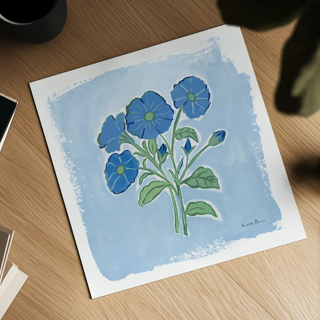 Garden Blues I by Farida Zaman. Shown as a detailed flat fine art print, highlighting archival giclee quality. Available as an archival giclee rolled canvas, fine art paper, or poster print. SKU 98059a.