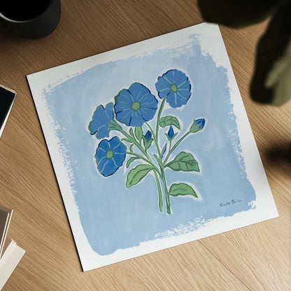 Garden Blues I by Farida Zaman. Shown as a detailed flat fine art print, highlighting archival giclee quality. Available as an archival giclee rolled canvas, fine art paper, or poster print. SKU 98059a.