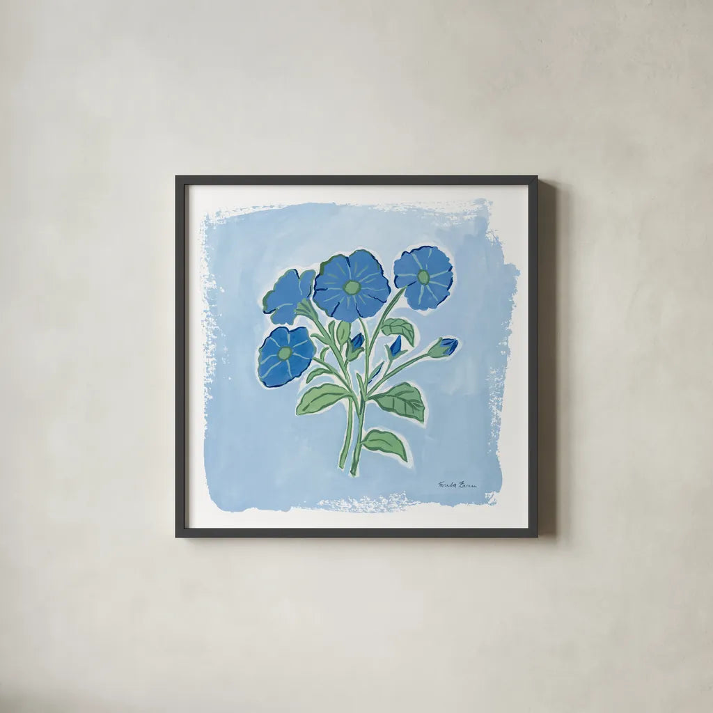 Garden Blues I by Farida Zaman. Shown in a sleek black glass frame for a contemporary gallery look. Available as an archival giclee rolled canvas, fine art paper, or poster print. SKU 98059a.