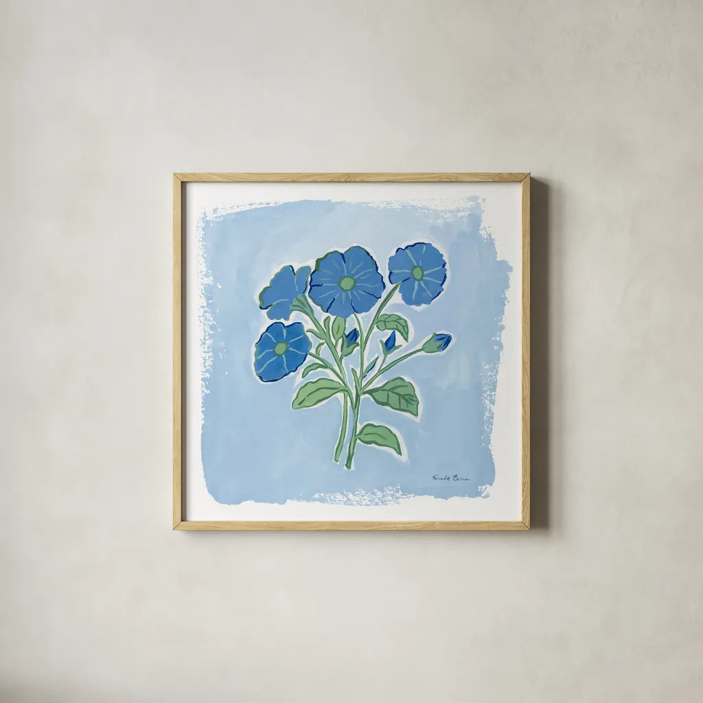 Garden Blues I by Farida Zaman. Shown in a natural wood glass frame for a timeless modern aesthetic. Available as an archival giclee rolled canvas, fine art paper, or poster print. SKU 98059a.