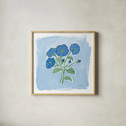 Garden Blues I by Farida Zaman. Shown in a natural wood glass frame for a timeless modern aesthetic. Available as an archival giclee rolled canvas, fine art paper, or poster print. SKU 98059a.
