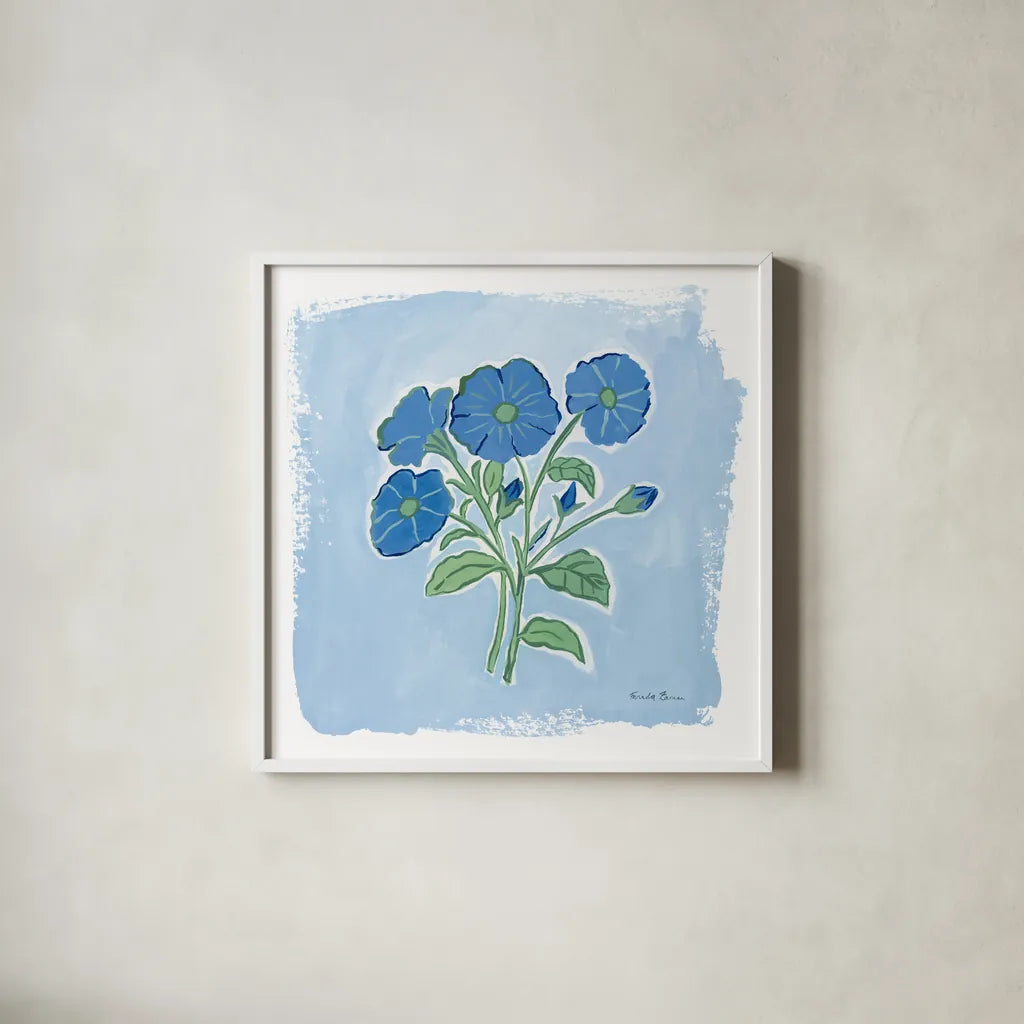 Garden Blues I by Farida Zaman. Shown in a crisp white glass frame for a clean and minimalist style. Available as an archival giclee rolled canvas, fine art paper, or poster print. SKU 98059a.