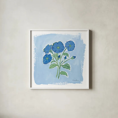Garden Blues I by Farida Zaman. Shown in a crisp white glass frame for a clean and minimalist style. Available as an archival giclee rolled canvas, fine art paper, or poster print. SKU 98059a.