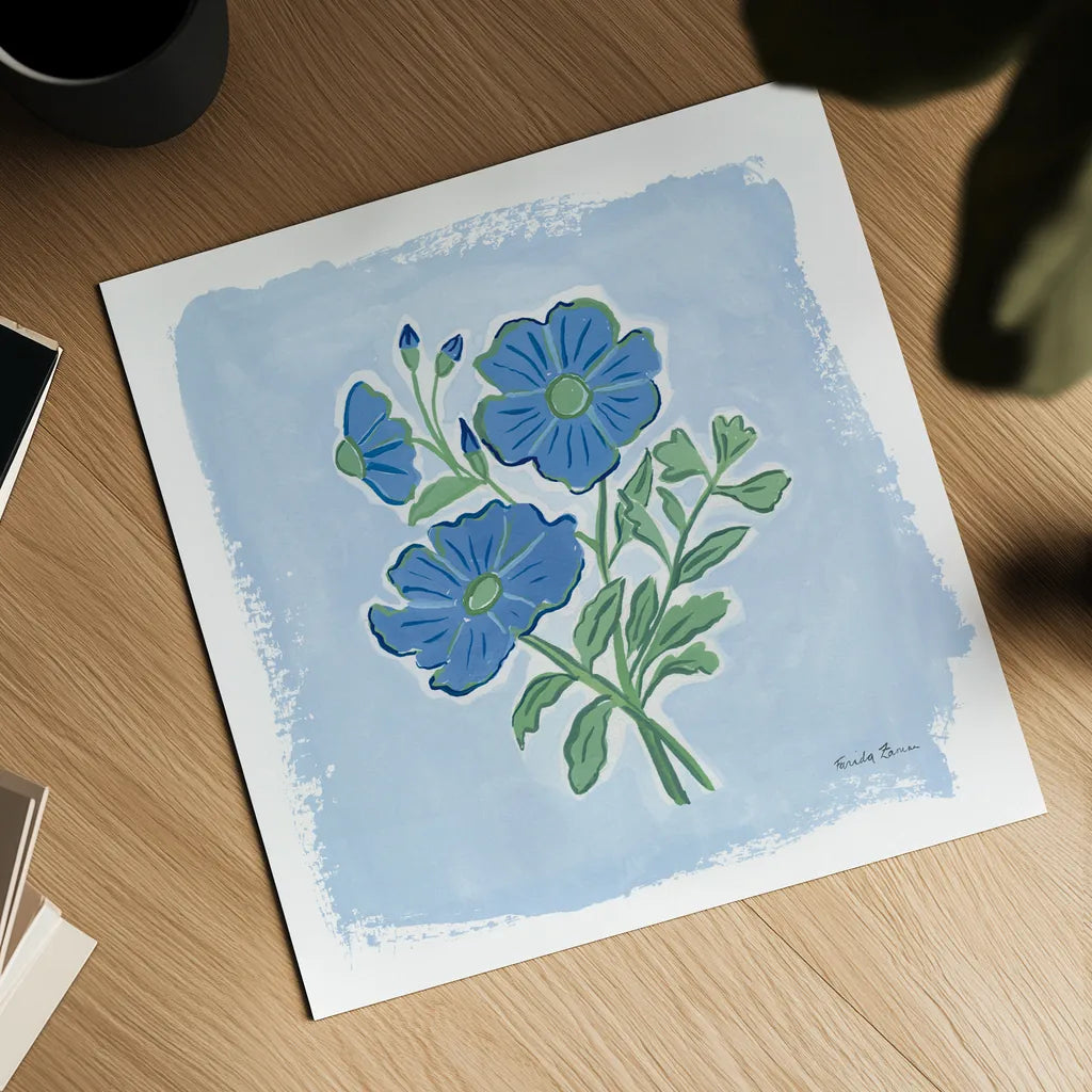 Garden Blues II by Farida Zaman. Shown as a detailed flat fine art print, highlighting archival giclee quality. Available as an archival giclee rolled canvas, fine art paper, or poster print. SKU 98060a.