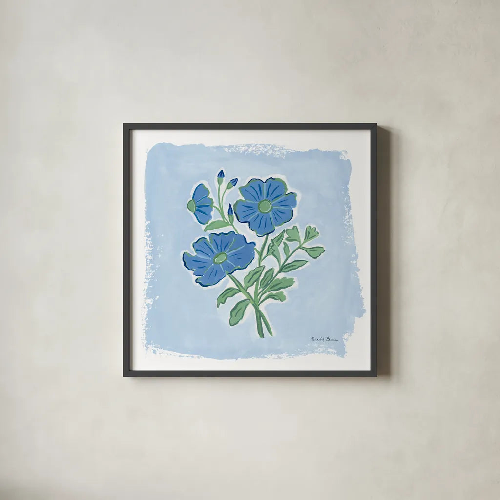 Garden Blues II by Farida Zaman. Shown in a sleek black glass frame for a contemporary gallery look. Available as an archival giclee rolled canvas, fine art paper, or poster print. SKU 98060a.