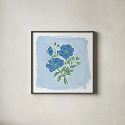 Garden Blues II by Farida Zaman. Shown in a sleek black glass frame for a contemporary gallery look. Available as an archival giclee rolled canvas, fine art paper, or poster print. SKU 98060a.