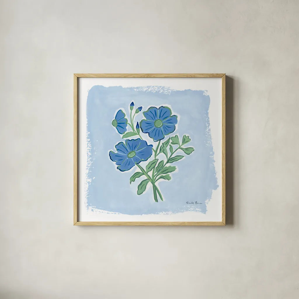 Garden Blues II by Farida Zaman. Shown in a natural wood glass frame for a timeless modern aesthetic. Available as an archival giclee rolled canvas, fine art paper, or poster print. SKU 98060a.
