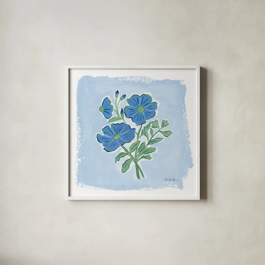 Garden Blues II by Farida Zaman. Shown in a crisp white glass frame for a clean and minimalist style. Available as an archival giclee rolled canvas, fine art paper, or poster print. SKU 98060a.