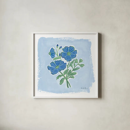 Garden Blues II by Farida Zaman. Shown in a crisp white glass frame for a clean and minimalist style. Available as an archival giclee rolled canvas, fine art paper, or poster print. SKU 98060a.
