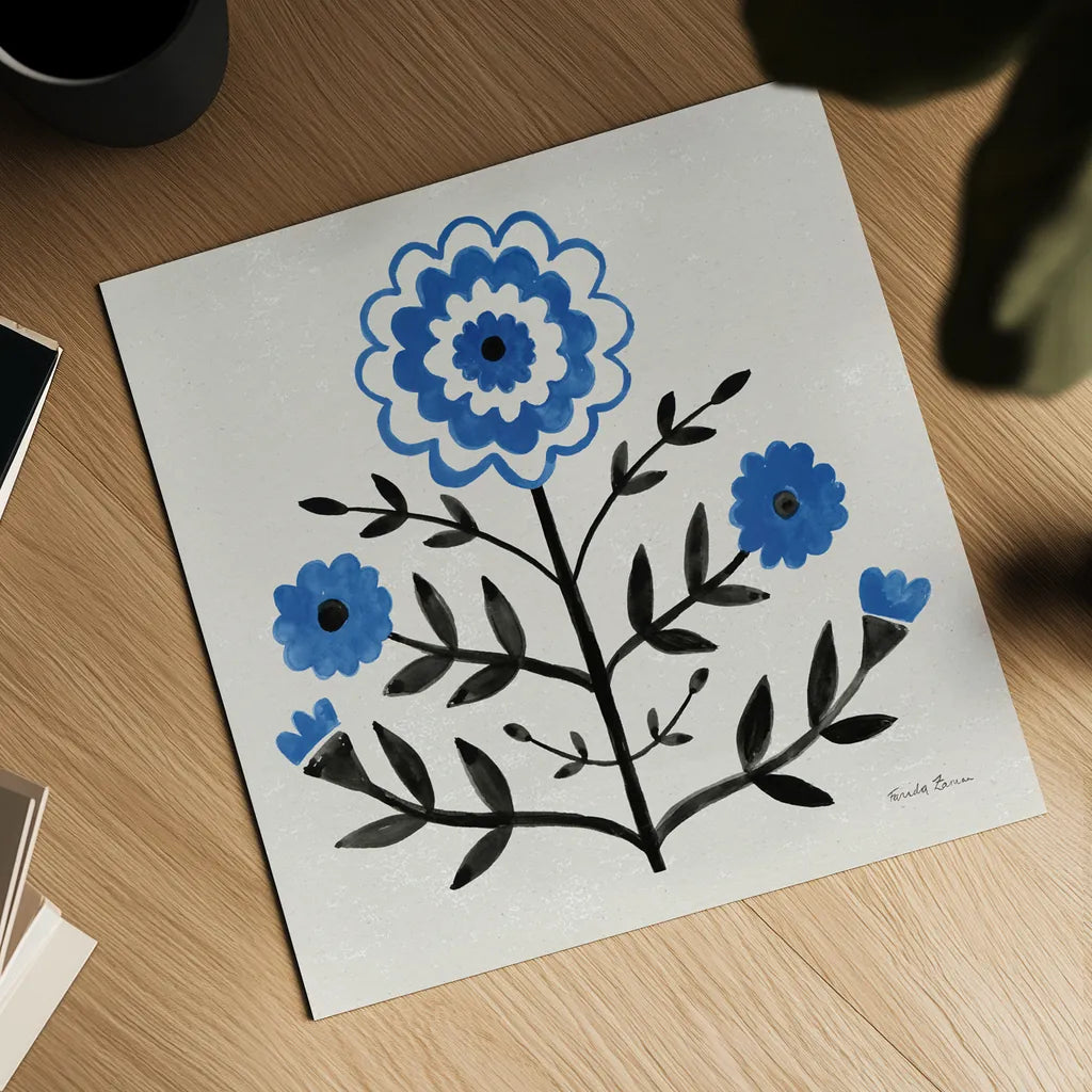 Garden Folk I by Farida Zaman. Shown as a detailed flat fine art print, highlighting archival giclee quality. Available as an archival giclee rolled canvas, fine art paper, or poster print. SKU 81908a.