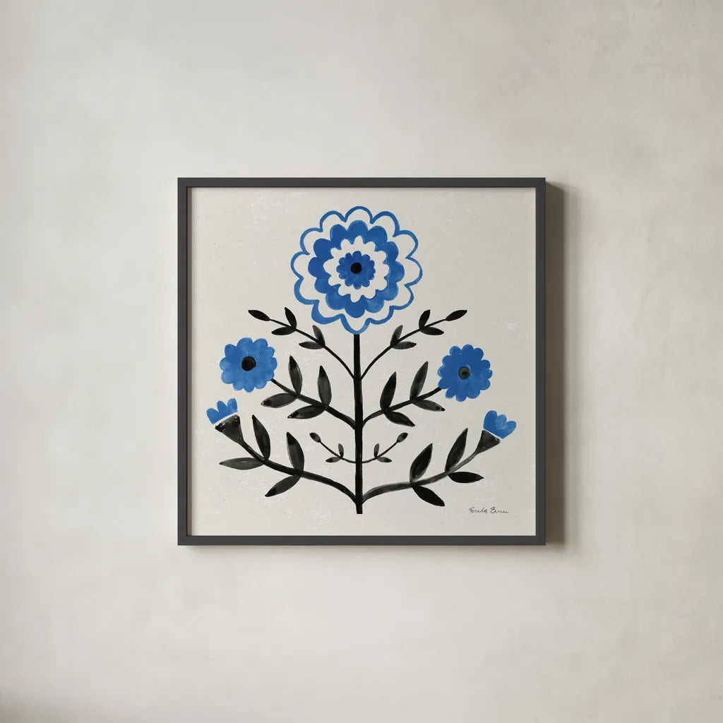 Garden Folk I by Farida Zaman. Shown in a sleek black glass frame for a contemporary gallery look. Available as an archival giclee rolled canvas, fine art paper, or poster print. SKU 81908a.