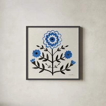 Garden Folk I by Farida Zaman. Shown in a sleek black glass frame for a contemporary gallery look. Available as an archival giclee rolled canvas, fine art paper, or poster print. SKU 81908a.