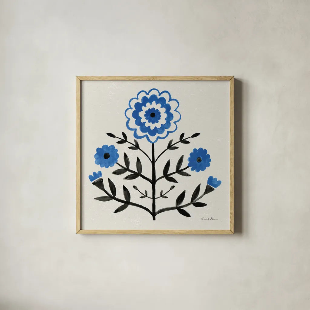 Garden Folk I by Farida Zaman. Shown in a natural wood glass frame for a timeless modern aesthetic. Available as an archival giclee rolled canvas, fine art paper, or poster print. SKU 81908a.