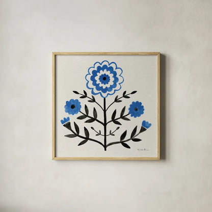 Garden Folk I by Farida Zaman. Shown in a natural wood glass frame for a timeless modern aesthetic. Available as an archival giclee rolled canvas, fine art paper, or poster print. SKU 81908a.