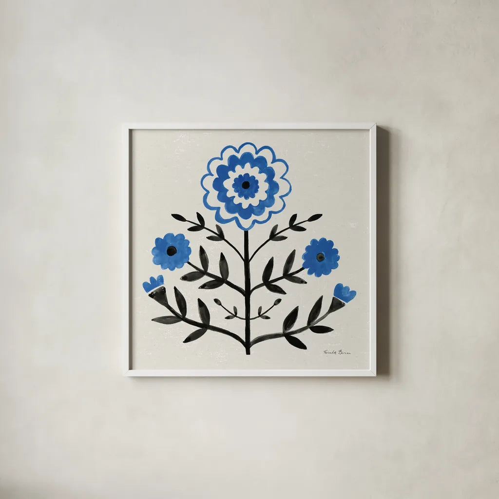 Garden Folk I by Farida Zaman. Shown in a crisp white glass frame for a clean and minimalist style. Available as an archival giclee rolled canvas, fine art paper, or poster print. SKU 81908a.