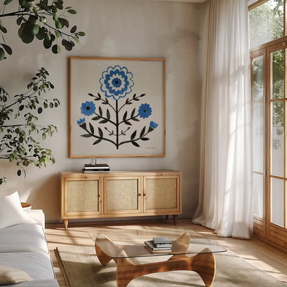 Garden Folk I by Farida Zaman. Shown in a natural wood frame in a cozy modern living room. Available as an archival giclee rolled canvas, fine art paper, or poster print. SKU 81908a.