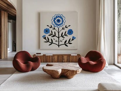 Garden Folk I by Farida Zaman. Shown as extra-large giant wall art in a modern living room. Available as an archival giclee rolled canvas, fine art paper, or poster print. SKU 81908a.